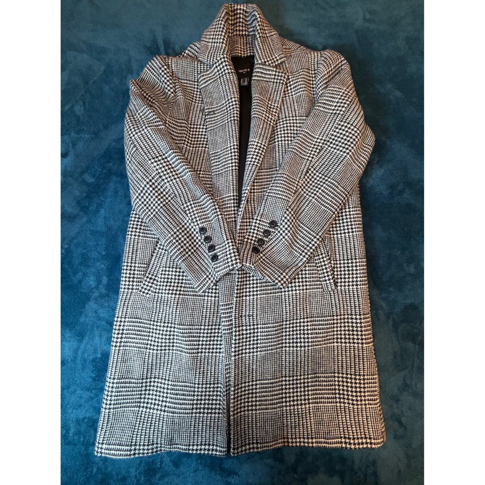 Forever 21 Men Houndstooth Overcoat Black White Glen Plaid Longline Jacket Med
